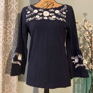 J Crew Embroidered Floral Motif Bell Sleeve Shirt
